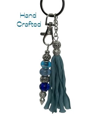 Hand-Crafted Blue Silver Silk Tassel Beaded Purse Charm Keychain NWT